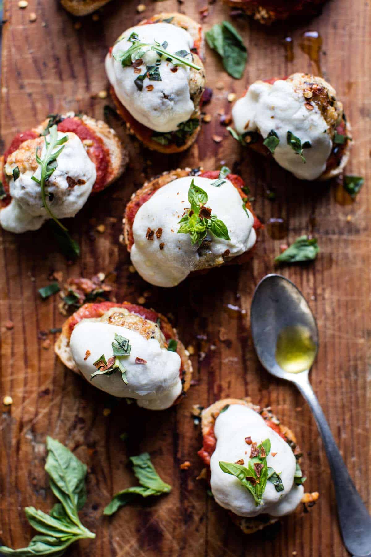Chicken Parmesan Meatball Crostini | halfbakedharvest.com @hbharvest