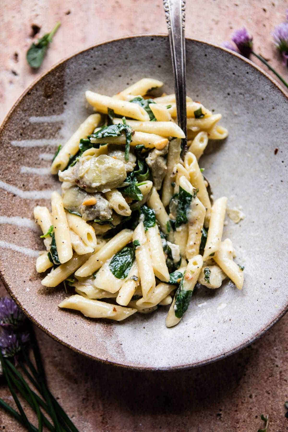 Lemony Spinach and Artichoke Brie Penne Pasta | halfbakedharvest.com @hbharvest