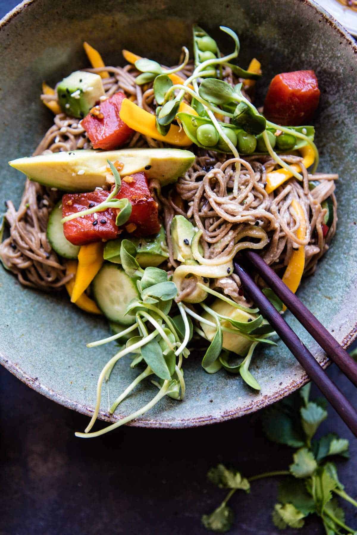 Mango Avocado Soba Noodles with Sesame Salmon Poke | halfbakedharvest.com @hbharvest