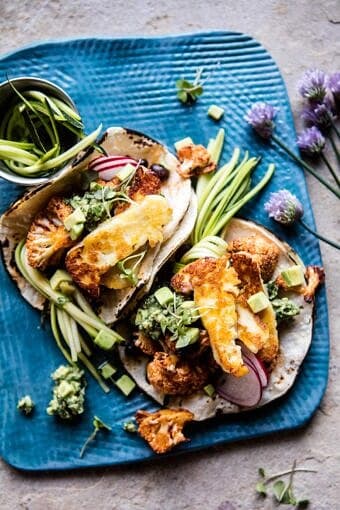 Roasted Cauliflower Fried Halloumi Tacos with Spicy Avocado Basil Salsa | halfbakedharvest.com @hbharvest