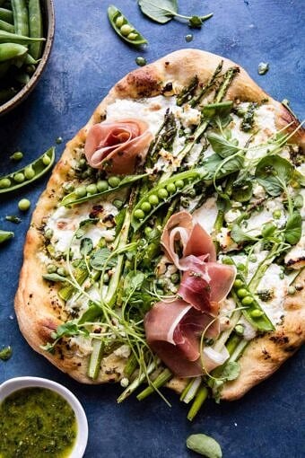 Super Green Pea and Asparagus Burrata Pizza | halfbakedharvest.com @hbharvest