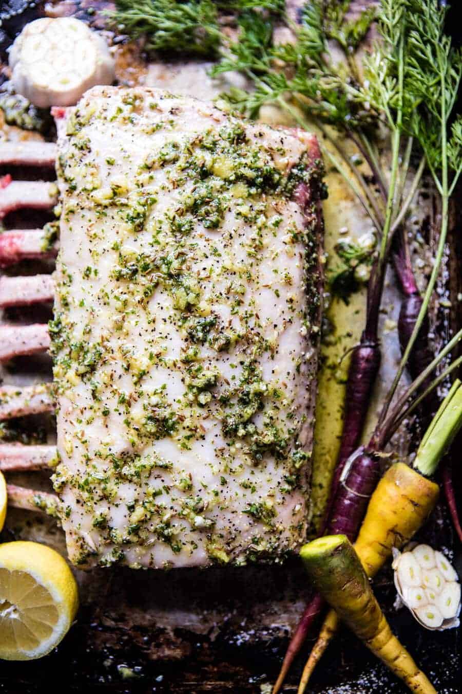 Roasted Rack of Lamb with Basil Goat Cheese Sauce | halfbakedharvest.com @hbharvest