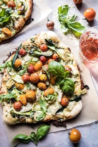 Burst Cherry Tomato, Artichoke, and Zucchini Pesto Pizza | halfbakedharvest.com @hbharvest