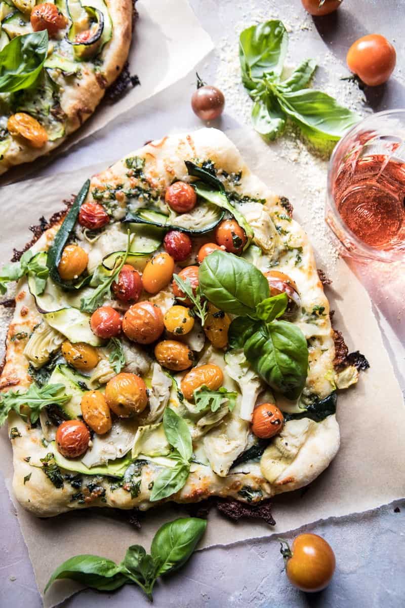 Burst Cherry Tomato, Artichoke, and Zucchini Pesto Pizza | halfbakedharvest.com @hbharvest