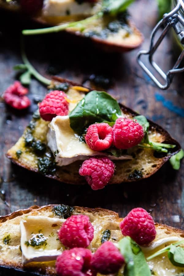 Honey Raspberry Brie Crostini with Basil Oil | halfbakedharvest.com @hbharvest