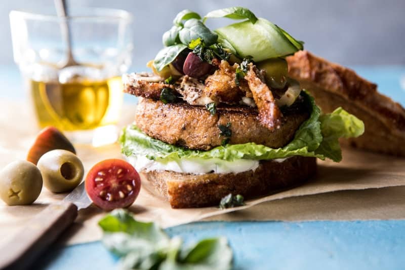 Greek Roasted Cauliflower Burgers with Pan Fried Feta and Tomato Olive Salsa | halfbakedharvest.com @hbharvest