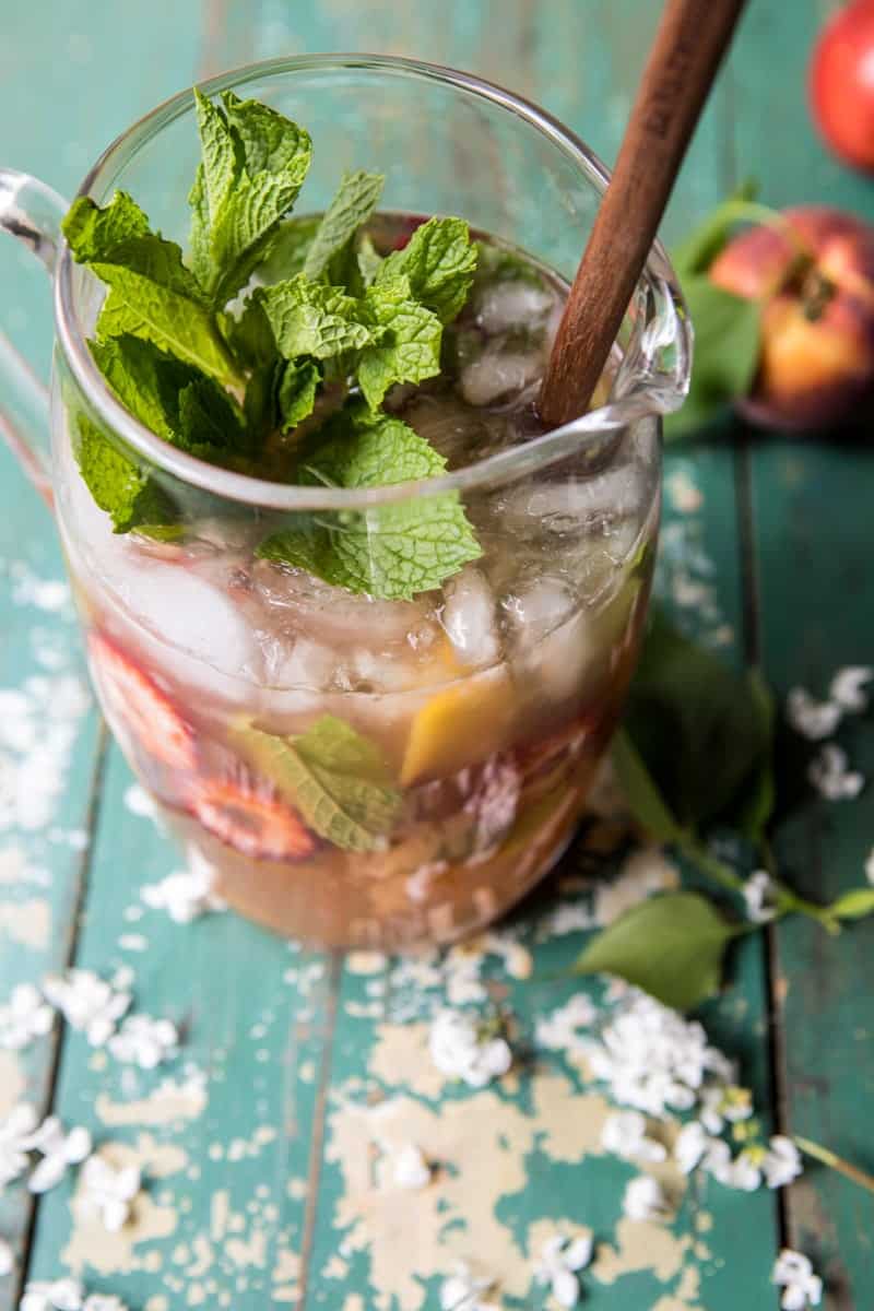 Strawberry Peach Sweet Tea Julep Pitcher | halfbakedharvest.com @hbharvest