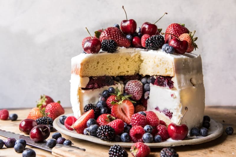 Triple Layer Roasted Berry Piñata Ice Cream Cake | halfbakedharvest.com @hbharvest