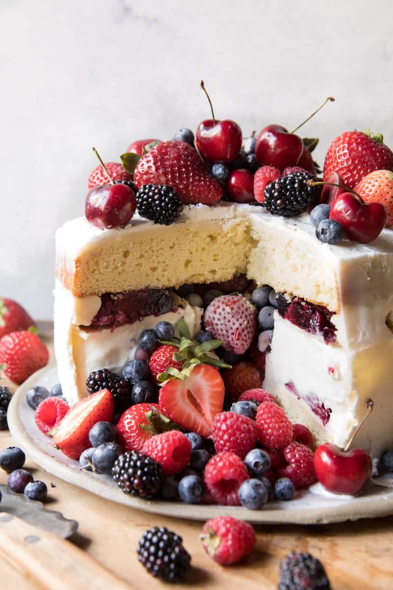 Triple Layer Roasted Berry Piñata Ice Cream Cake | halfbakedharvest.com @hbharvest