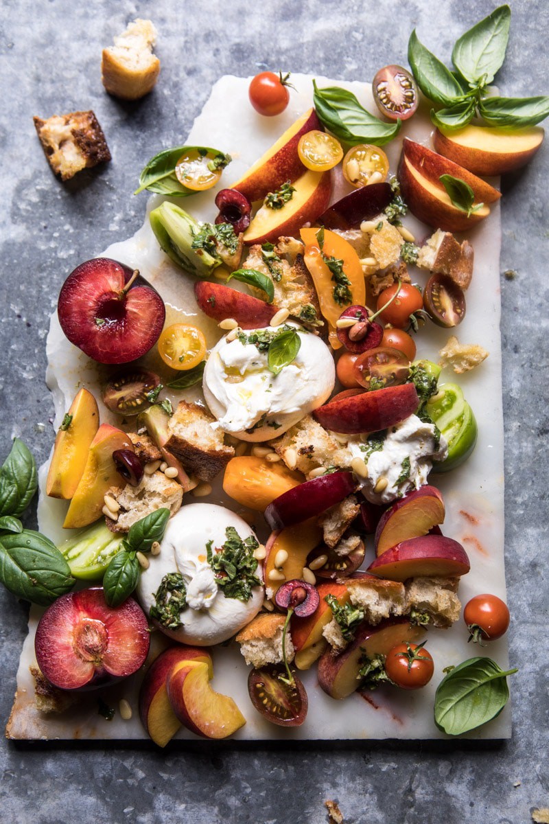Tuscan Summer Stone Fruit, Tomato, and Burrata Panzanella Salad | halfbakedharvest.com @hbharvest