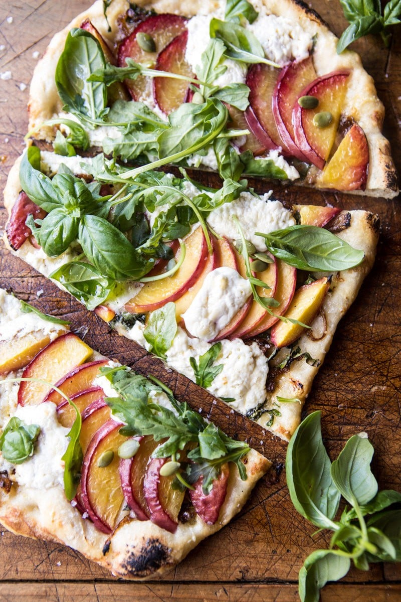 Arugula Peach Ricotta Pizza with Crispy Bacon | halfbakedharvest.com @hbharvest