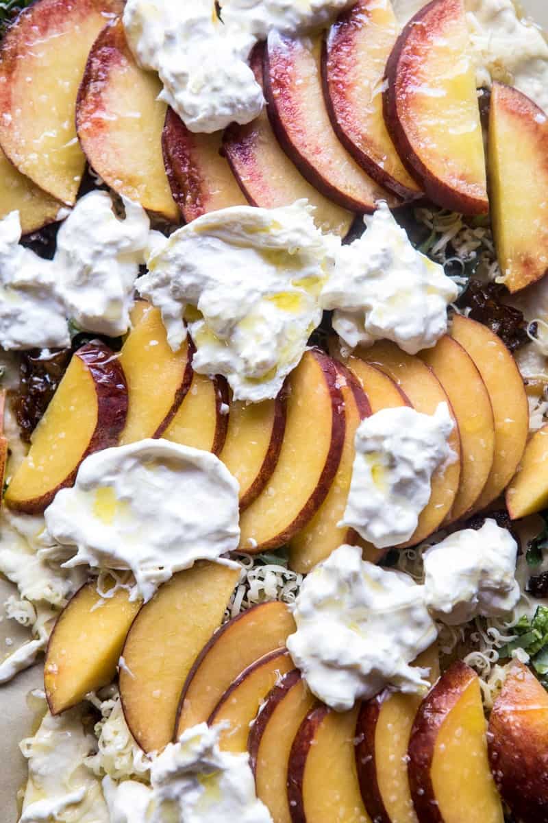 Arugula Peach Ricotta Pizza with Crispy Bacon | halfbakedharvest.com @hbharvest