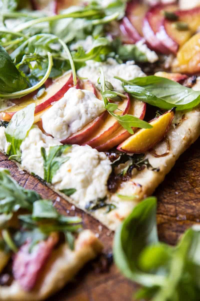 Arugula Peach Ricotta Pizza with Crispy Bacon | halfbakedharvest.com @hbharvest