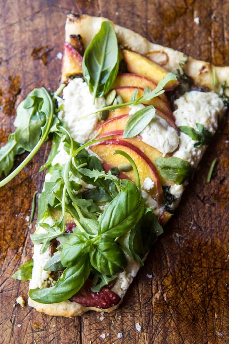 Arugula Peach Ricotta Pizza with Crispy Bacon | halfbakedharvest.com @hbharvest