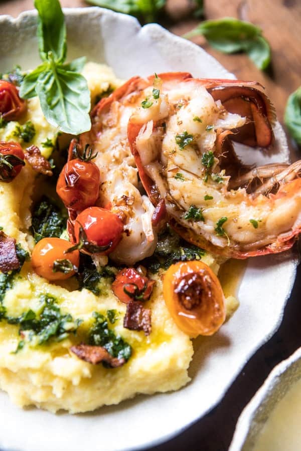 Brown Butter Lobster with Kale Pesto Polenta and Cherry Tomato Bacon Pan Sauce | halfbakedharvest.com @hbharvest