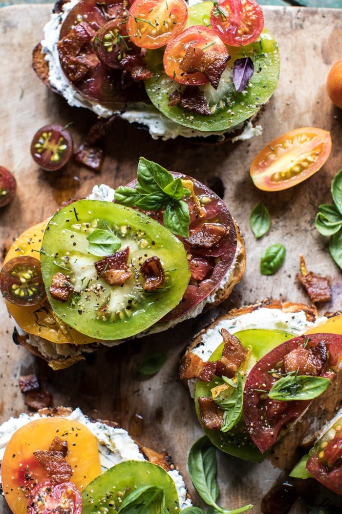 Opened Faced Tomato and Goat Cheese Sandwich with Hot Bacon Vinaigrette | halfbakedharvest.com @hbharvest