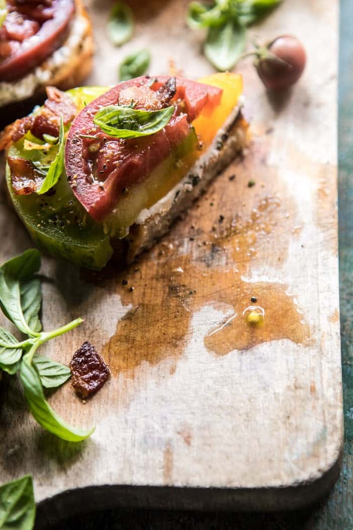 Opened Faced Tomato and Goat Cheese Sandwich with Hot Bacon Vinaigrette | halfbakedharvest.com @hbharvest