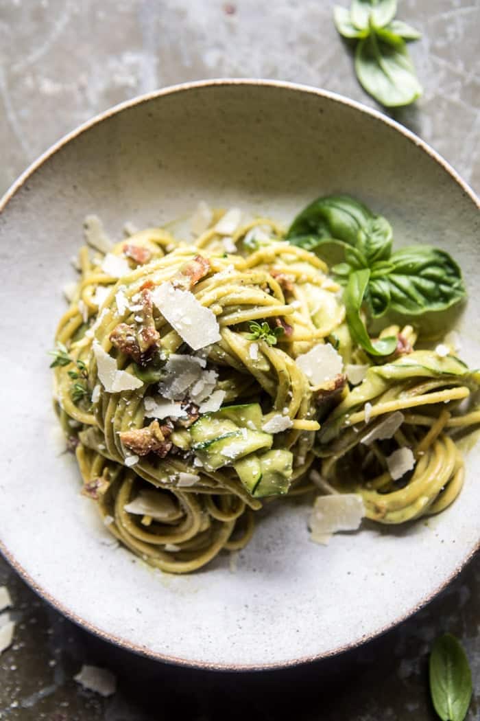 Avocado Zucchini Carbonara Pasta | halfbakedharvest.com @hbharvest