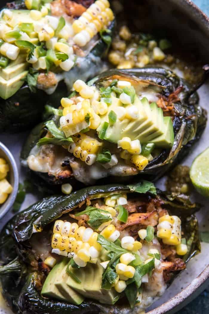 Lightened Up Salsa Verde Chicken Stuffed Poblano Peppers | halfbakedharvest.com @hbharvest
