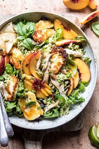 Peachy Chipotle Chicken Tortilla and Avocado Rice Salad with Pan Fried Halloumi | halfbakedharvest.com @hbharvest