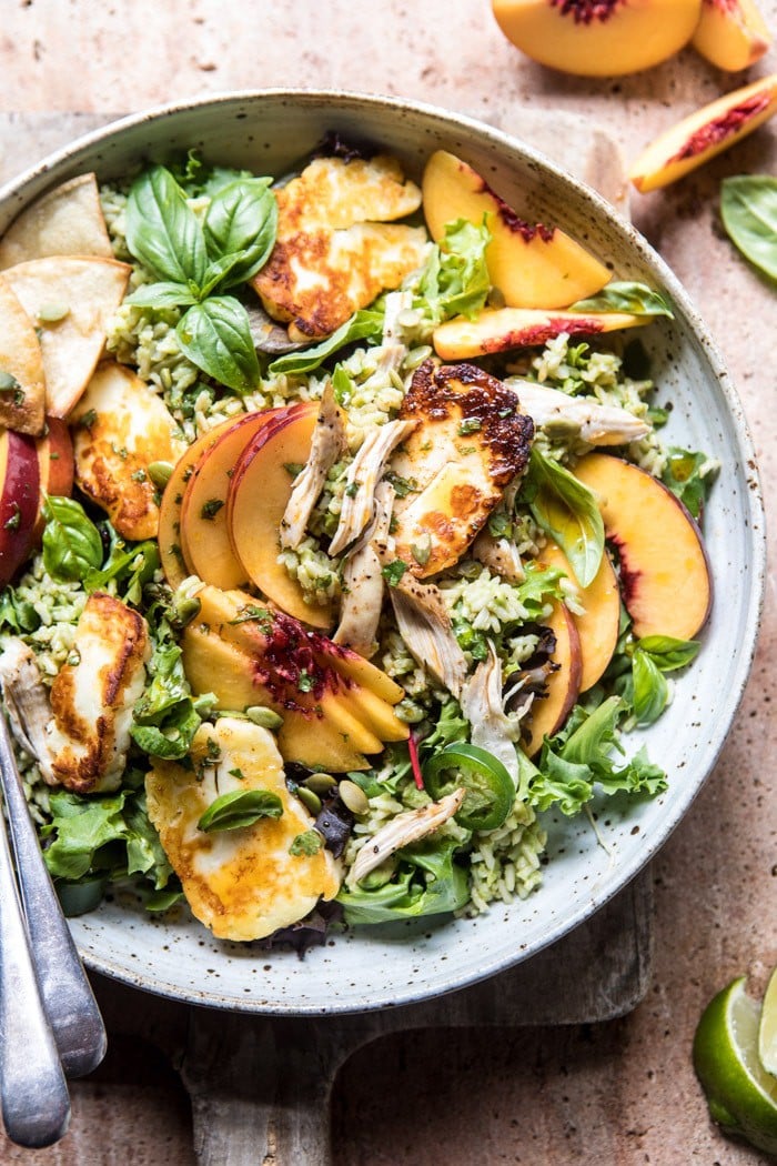 Peachy Chipotle Chicken Tortilla and Avocado Rice Salad with Pan Fried Halloumi | halfbakedharvest.com @hbharvest