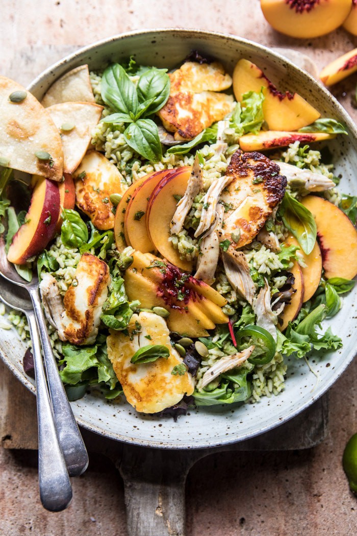 Peachy Chipotle Chicken Tortilla and Avocado Rice Salad with Pan Fried Halloumi | halfbakedharvest.com @hbharvest
