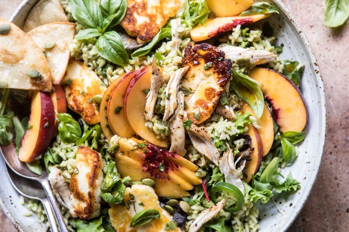 Peachy Chipotle Chicken Tortilla and Avocado Rice Salad with Pan Fried Halloumi | halfbakedharvest.com @hbharvest