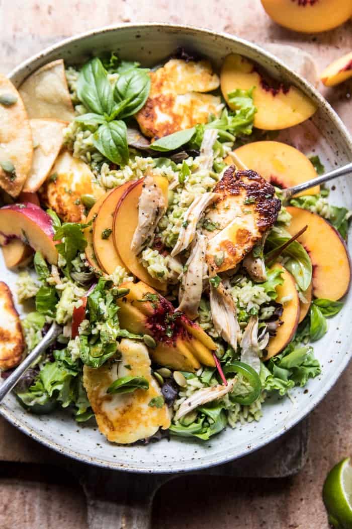 Peachy Chipotle Chicken Tortilla and Avocado Rice Salad with Pan Fried Halloumi | halfbakedharvest.com @hbharvest