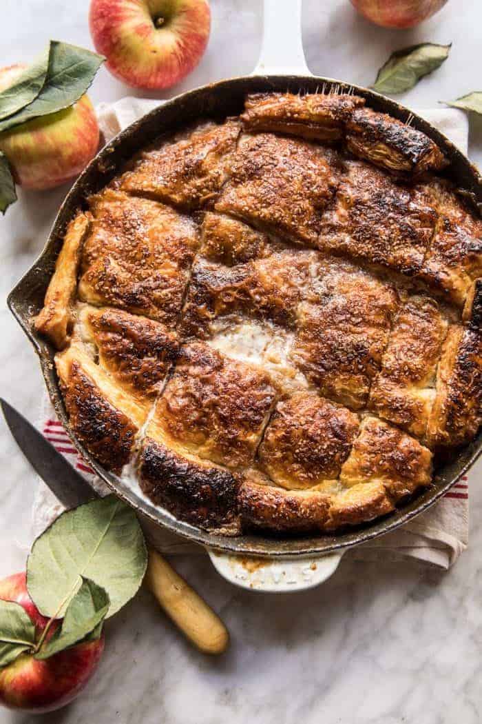 Honeycrisp Apple Pandowdy | halfbakedharvest.com @hbharvest overhead photo of Honeycrisp Apple Pandowdy in skillet