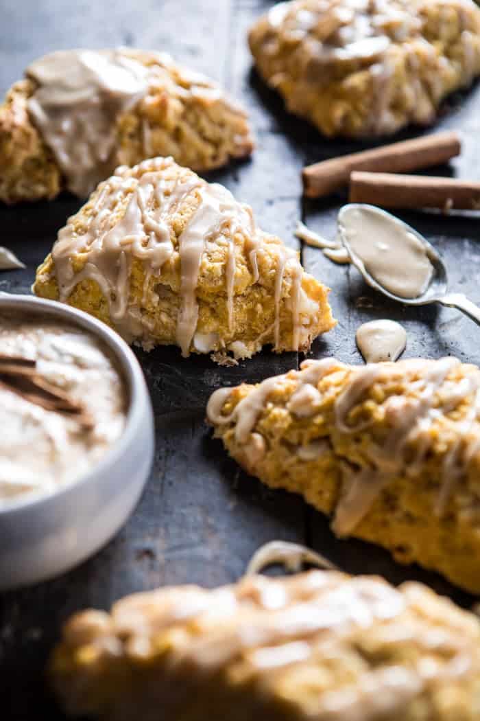 White Chocolate Pumpkin Scones with Espresso Glaze | halfbakedharvest.com @hbharvest