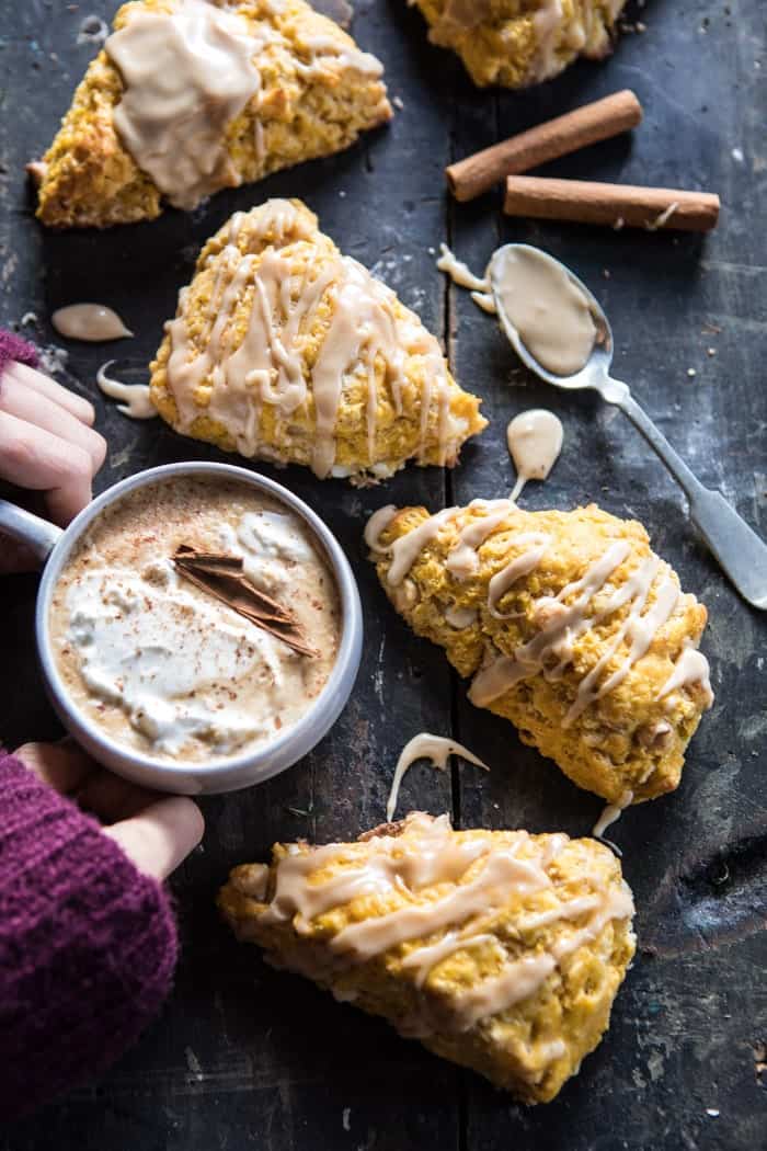White Chocolate Pumpkin Scones with Espresso Glaze | halfbakedharvest.com @hbharvest
