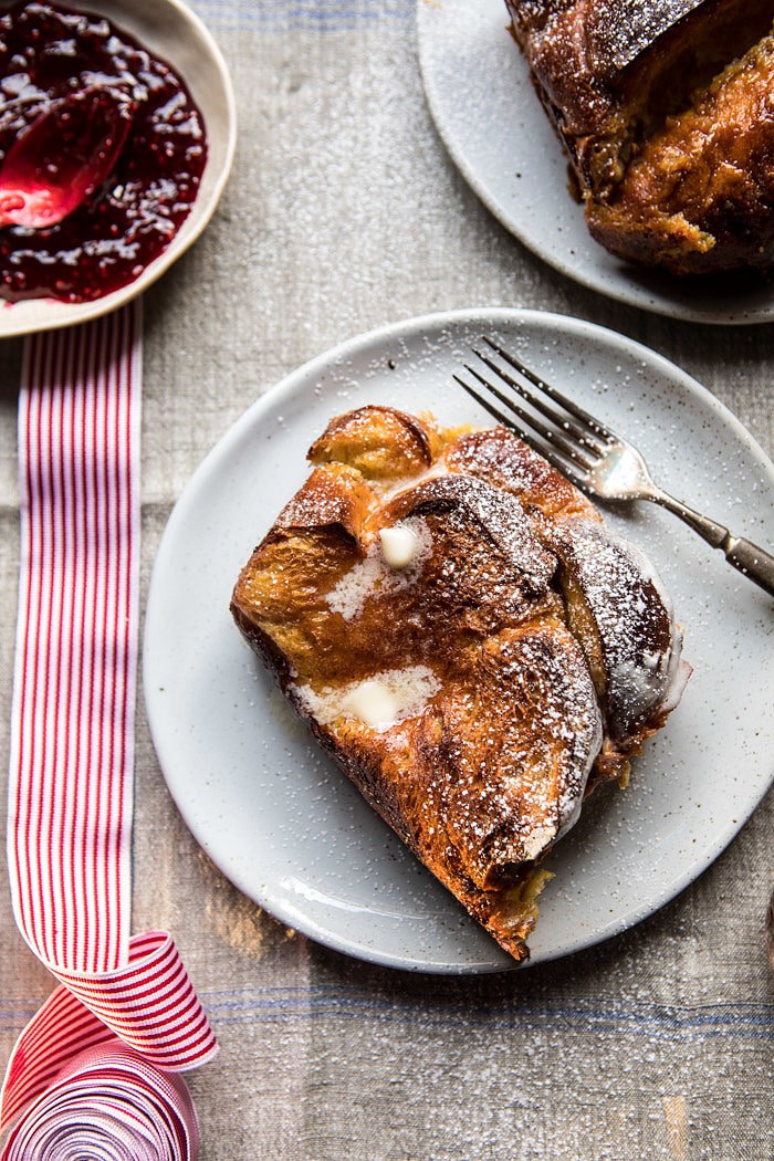 Baked Cinnamon Creme Brulee French Toast with Raspberry Preserves | halfbakedharvest.com @hbharvest