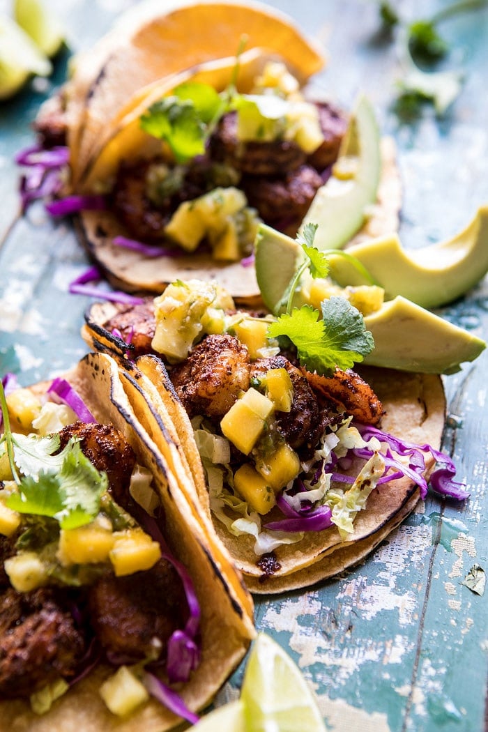 20 Minute Caribbean Shrimp Tacos with Roasted Jalapeño Pineapple Salsa | halfbakedharvest.com #tacos #shrimp #healthy #quick