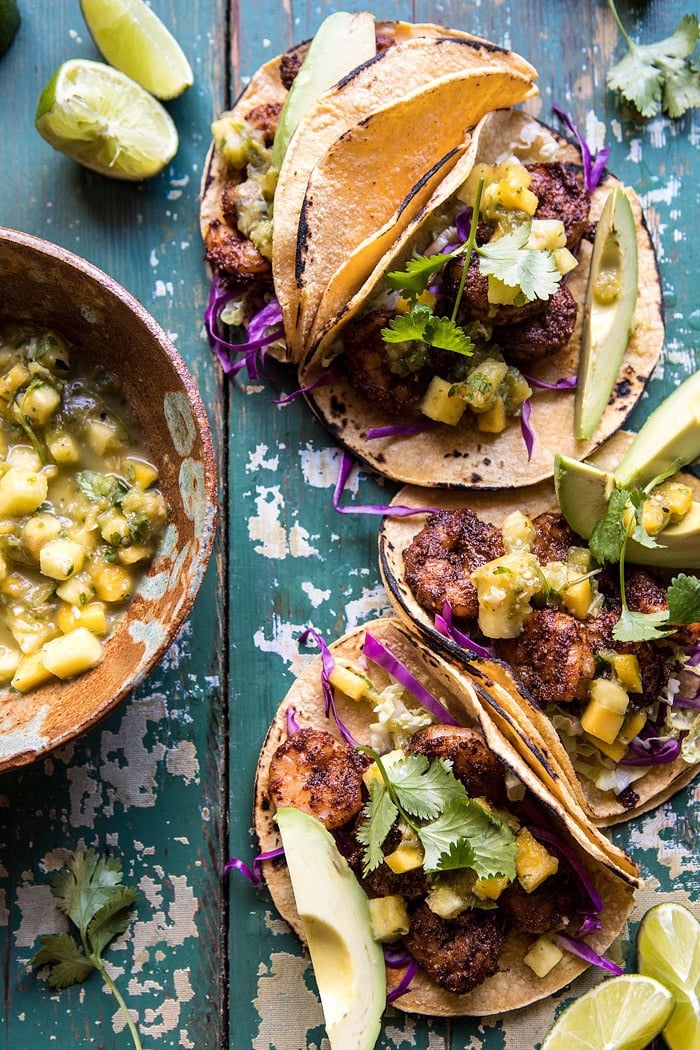 20 Minute Caribbean Shrimp Tacos with Roasted Jalapeño Pineapple Salsa | halfbakedharvest.com #tacos #shrimp #healthy #quick