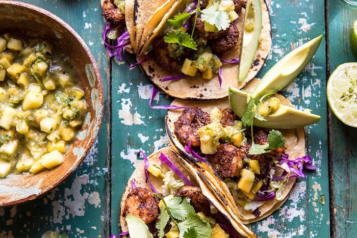 20 Minute Caribbean Shrimp Tacos with Roasted Jalapeño Pineapple Salsa | halfbakedharvest.com #tacos #shrimp #healthy #quick