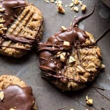 5 Ingredient Chocolate Dipped Peanut Butter Cookies | halfbakedharvest.com #healthy #cookies #dates #glutenfree