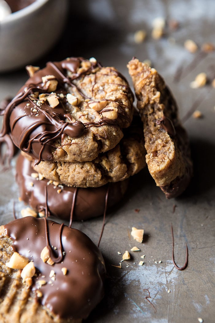 5 Ingredient Chocolate Dipped Peanut Butter Cookies | halfbakedharvest.com #healthy #cookies #dates #glutenfree