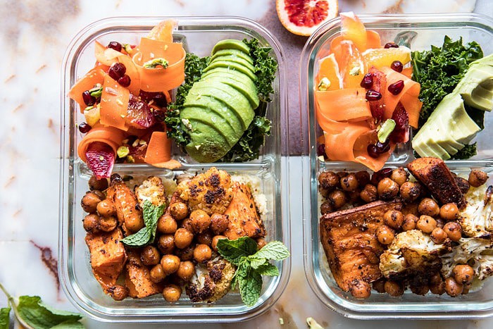 Meal Prep Moroccan Chickpea, Sweet Potato, and Cauliflower Bowls | halfbakedharvest.com #mealprep #vegan #indian #healthy #sheetpan