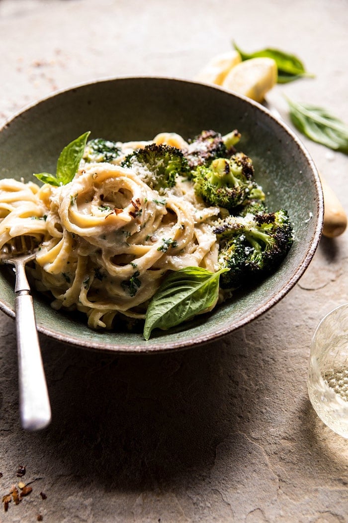 No-Guilt Broccoli Fettuccine Alfredo | halfbakedharvest.com @hbharvest #healthy #pasta #Italian #hummus
