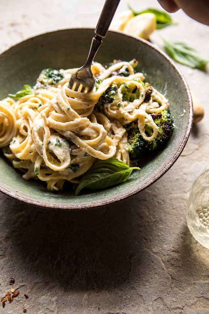 No-Guilt Broccoli Fettuccine Alfredo | halfbakedharvest.com @hbharvest #healthy #pasta #Italian #hummus