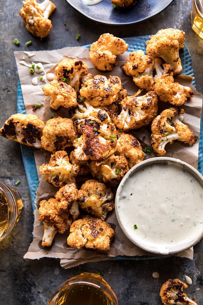 Spicy Cauliflower Cheese Bites with Tahini Ranch | halfbakedharvest.com #cauliflower #healthy #recipe