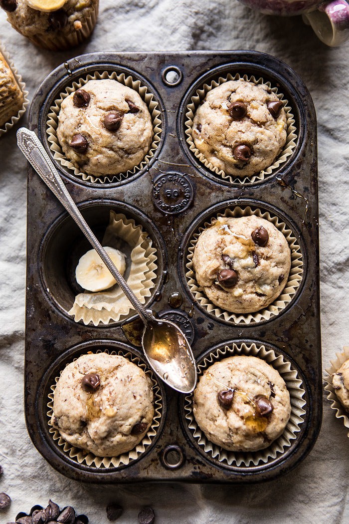 Vegan Whole Wheat Chocolate Chip Banana Bread Muffins | halfbakedharvest.com #vegan #chocolate #muffin #dessert 