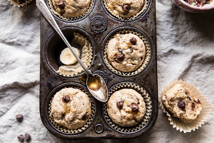 Vegan Whole Wheat Chocolate Chip Banana Bread Muffins | halfbakedharvest.com #vegan #chocolate #muffin #dessert 