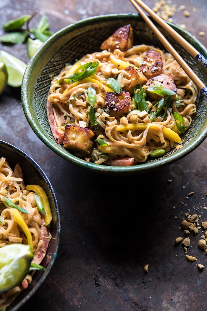 Better Than Takeout 20 Minute Peanut Noodles with Sesame Halloumi | halfbakedharvest.com #quick #easy #noodles #Thai #recipes