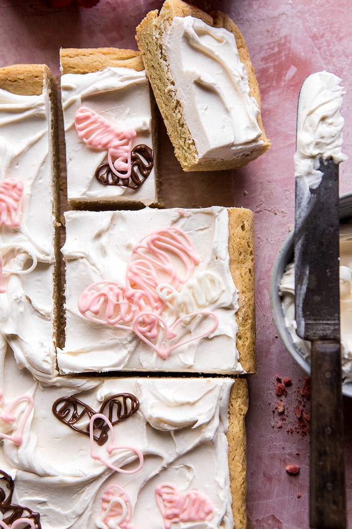 Browned Butter Sugar Cookie Bars with White Chocolate Frosting | halfbakedharvest.com #valentinesday #cookies #recipe #easy