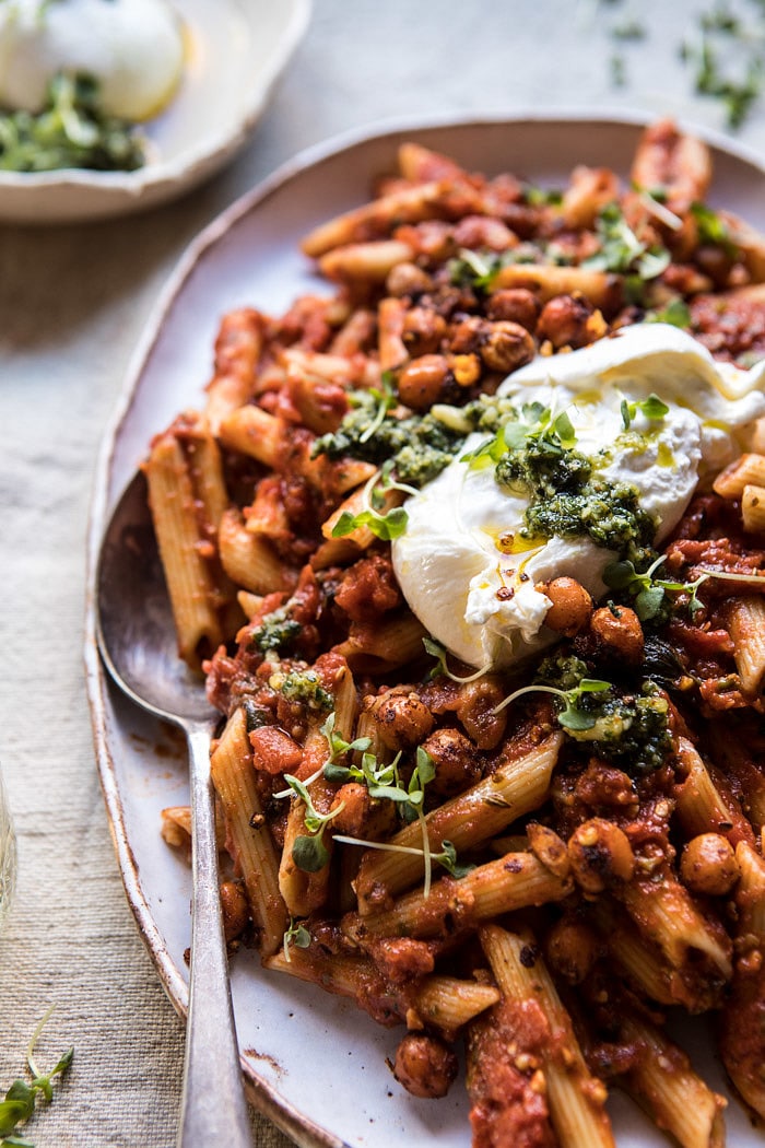 Easiest Tomato Basil Penne with Spicy Italian Chickpeas | halfbakedharvest.com #recipes #pasta #dinner #easy #quick