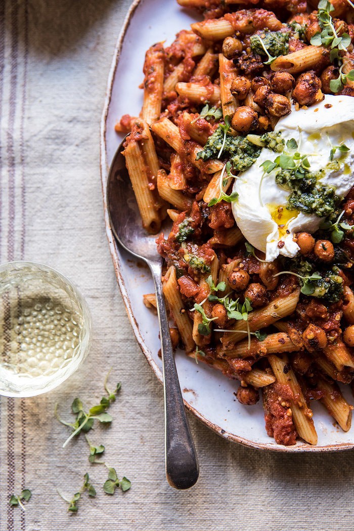 Easiest Tomato Basil Penne with Spicy Italian Chickpeas | halfbakedharvest.com #recipes #pasta #dinner #easy #quick