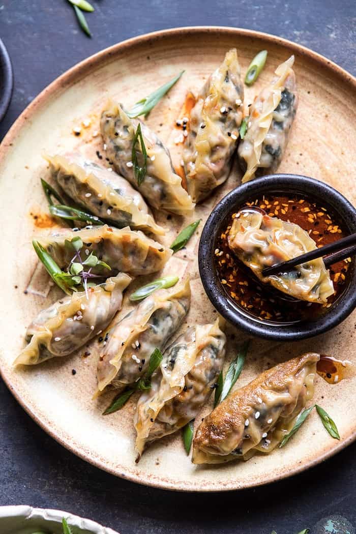 Homemade Vegetable Potstickers with Toasted Sesame Honey Soy Sauce | halfbakedharvest.com #vegan #recipes #healthy #homemade