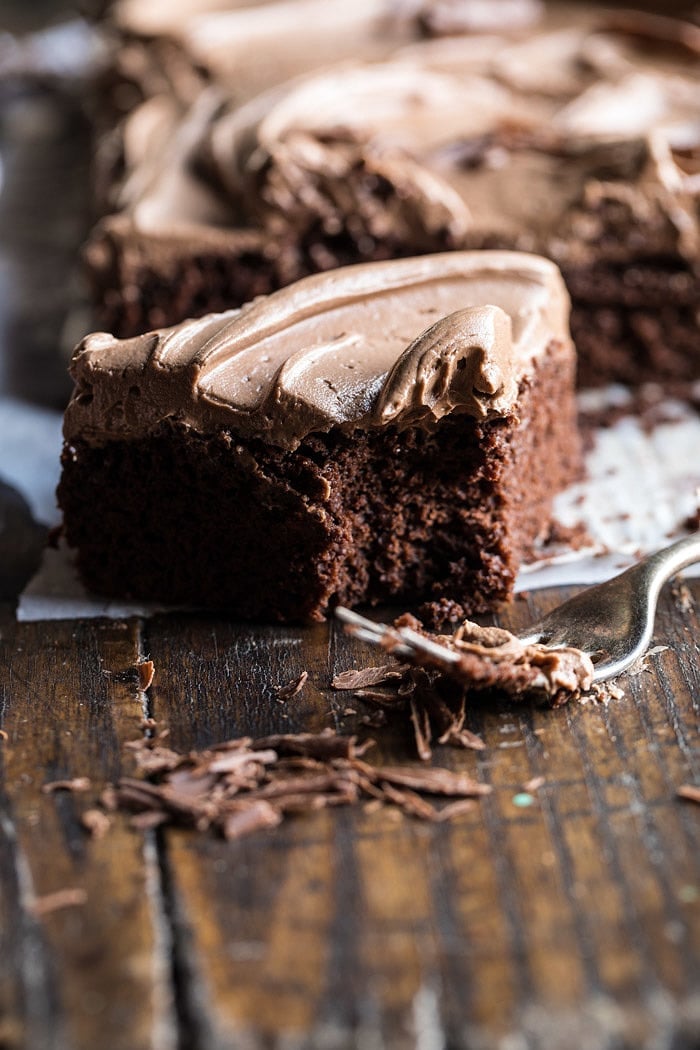 One Bowl Chocolate Sheet Cake with Milk Chocolate Fudge Frosting | halfbakedharvest.com #cake #chocolate #birthday #valentinesday