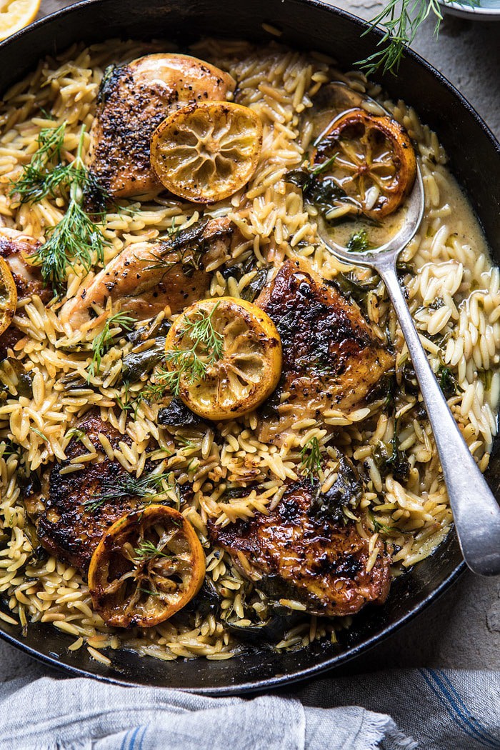 One Skillet Lemon Butter Chicken and Orzo | halfbakedharvest.com #chicken #recipes #easy #skillet